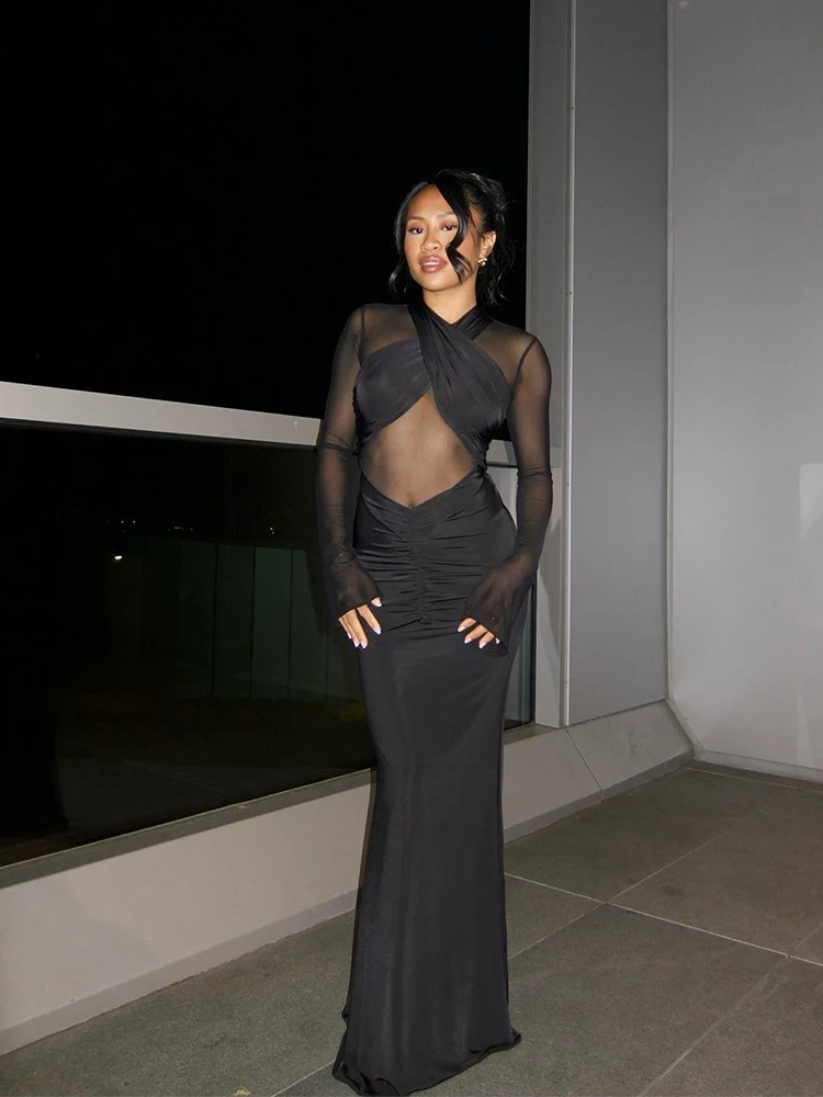 Abito lungo sexy in rete increspata per le donne vedere attraverso patchwork manica lunga abiti lunghi sottili festa femminile clubwear ballo di fine anno 2025 nuovo