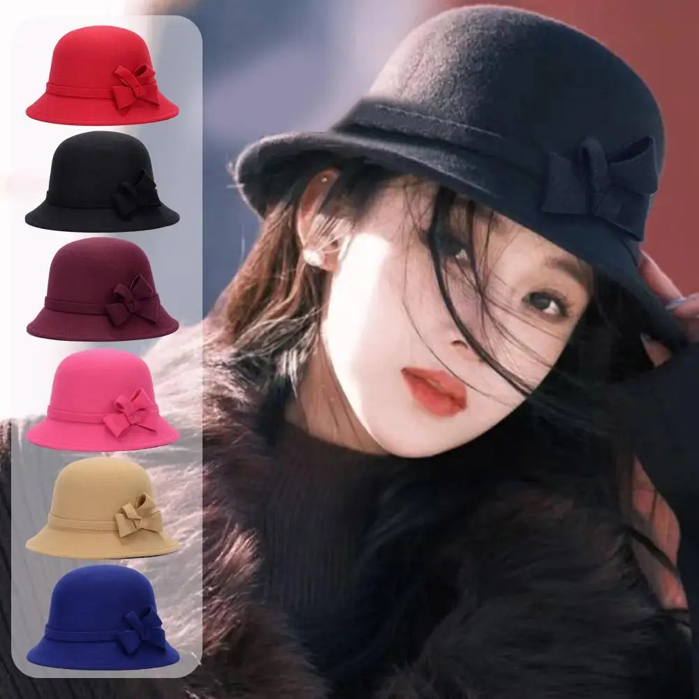 Women Woolen Hat Solid Color Wide Brim Round Dome Fedora Cap Autumn Winter Elegant Bowknot Decor Felt Hat For Daily Wear