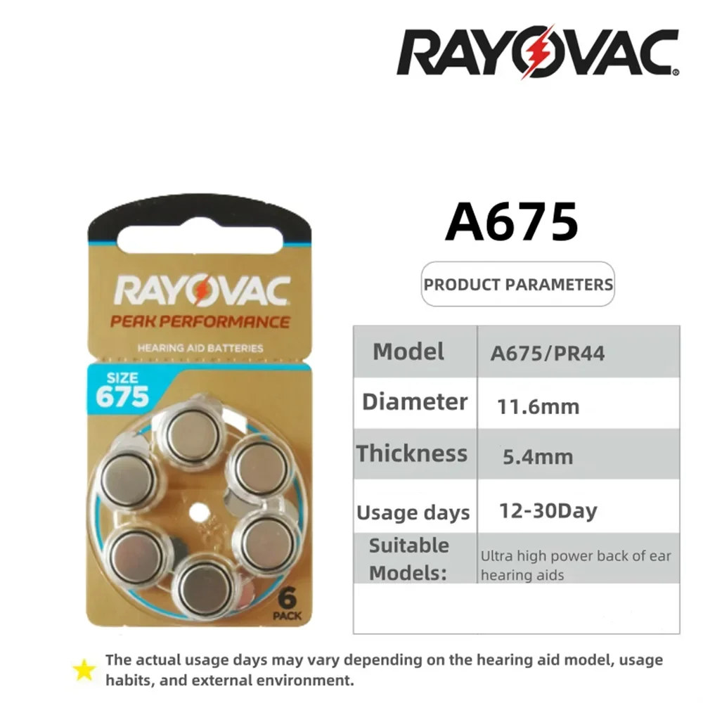 6-60PCS / 1-10 Cards Rayovac PERK 675/A675 Zinc Air Hearing Aid Batteries 1.45V 675A A675 675 PR44 Battery Wholesale Price