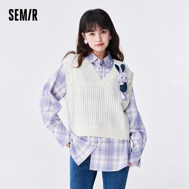 Semir Women Sweater Autumn New V-neck Hollow Vest Mid-length Plaid Rabbit Loose Two-piece Set Sweet Style Sweater for Women