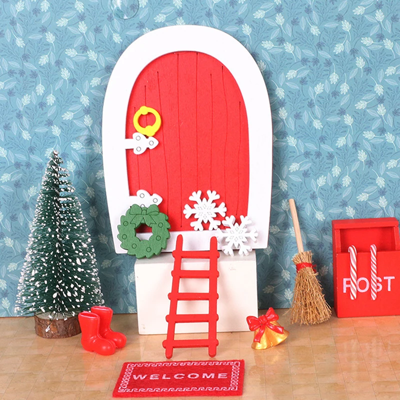 Dollhouse Miniature Wooden Red Fairy Tooth  Door Mini Red Christmas Door Mini  Door Decorative Scene Props