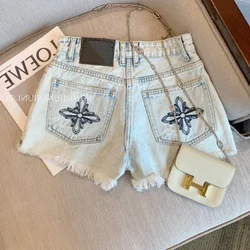 Spicy Girl's Blue Pants Women's Shorts Jeans Straight Pants Streetwear Y2K Female Wide Leg Denim Embroidery Five Points Trouser