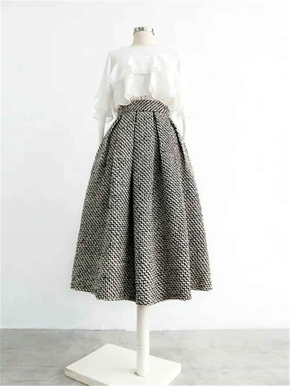 Fashion Houndstooth Woven Tweed Skirt With Pocket Winter Women Korean Vintage Thickened High Waist Pleated A-Line Skirts Faldas