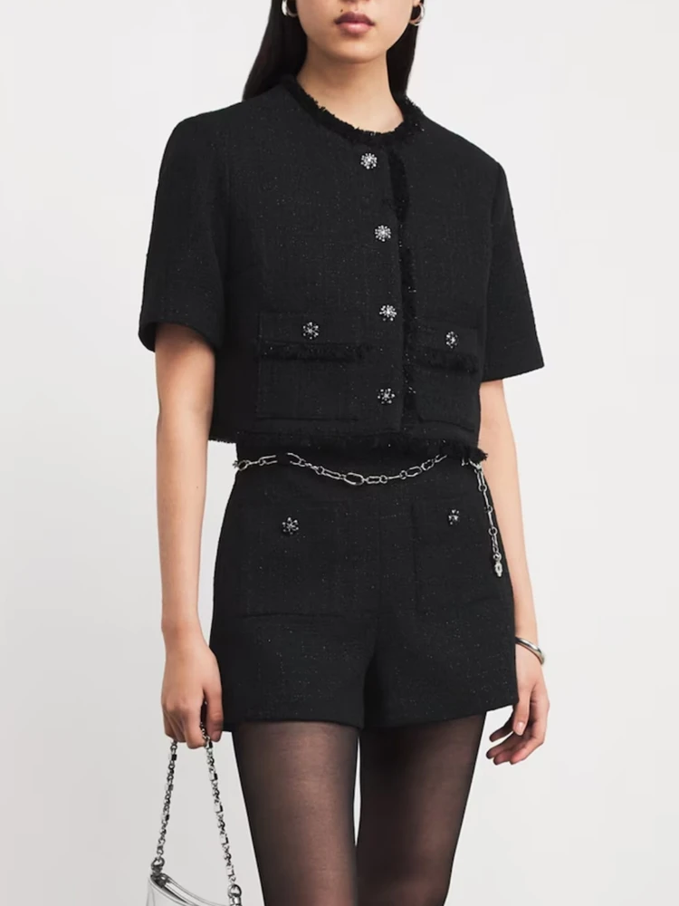 

M Home Early Spring 2026 Small Fraance Sle Jaet And orts Set with Flower Bule Diamond Embedded Fur Trim Cotton Blend