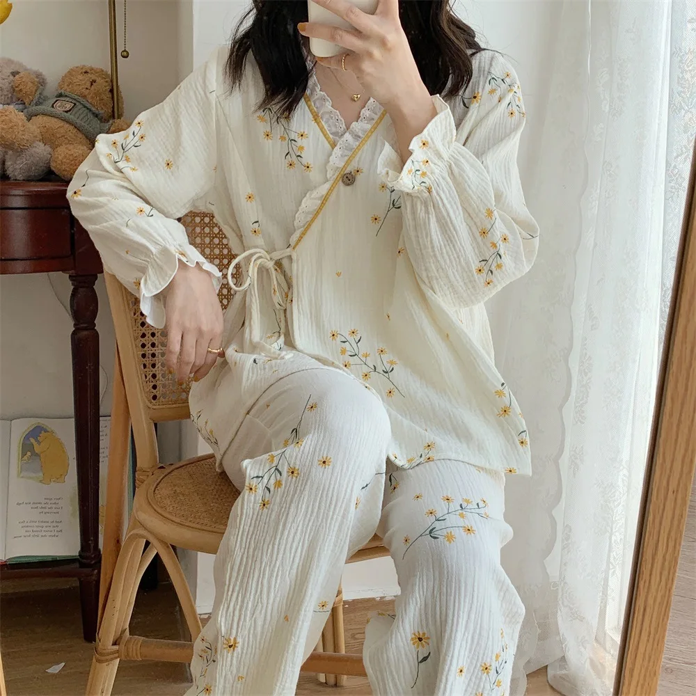 Fdfklak Pure Cotton Gauze Maternity Breastfeeding Nursing Clothing Spring Summer New Thin Breathable Floral Pajamas Suit