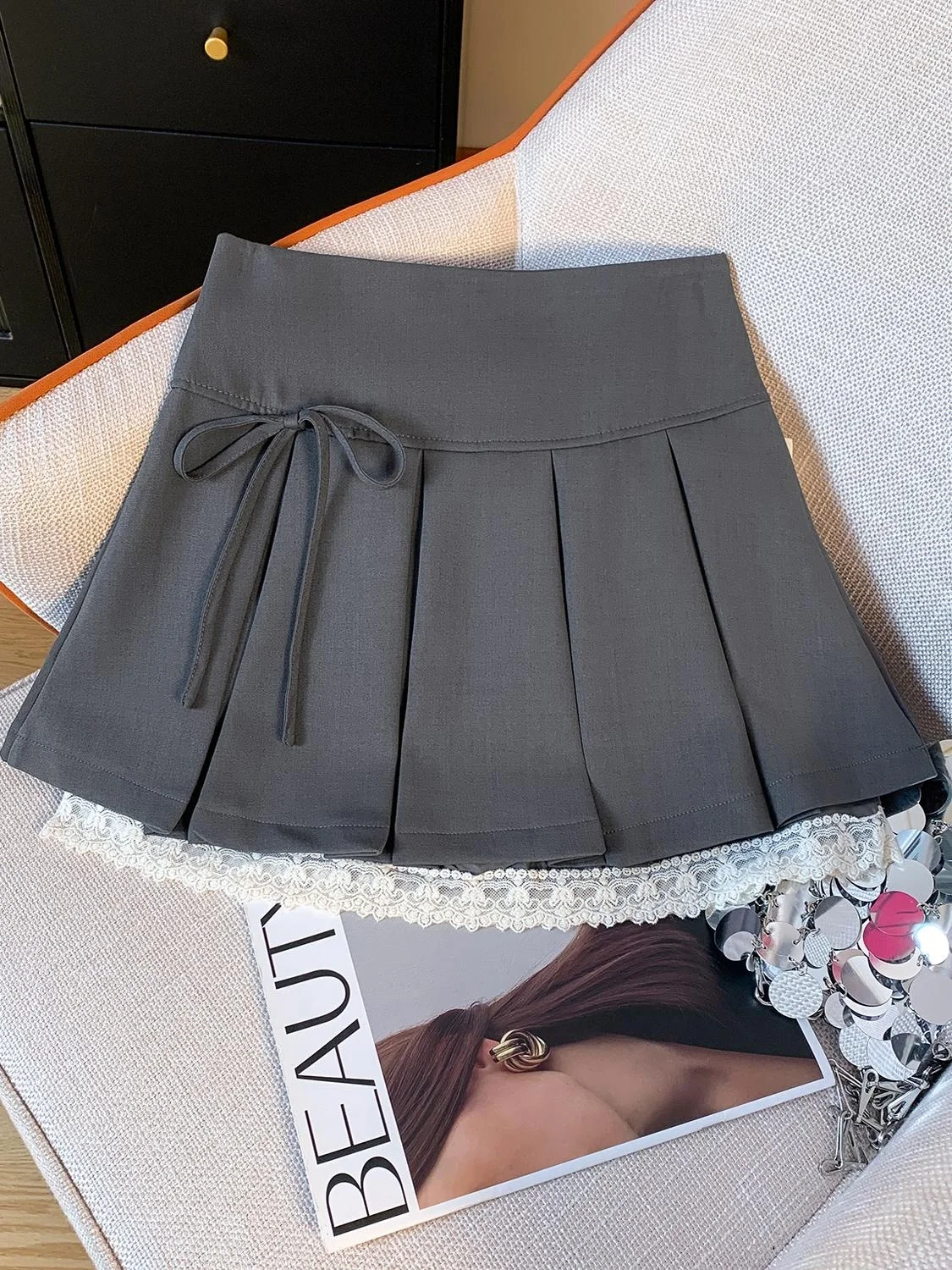 

Sweet Ballet Bowknot ort Юбка трапециевидной формы с высокой талией Корейская плиссированная кружевная отделка 2024 Маленький размер Американский Sle S...