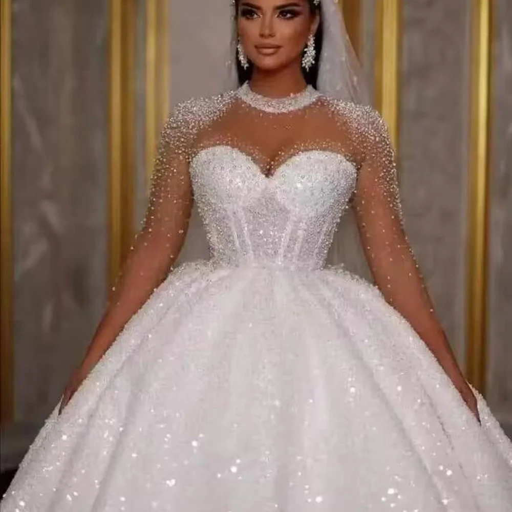 Sparkly Sequin Wedding Dresses For Bride Marriage Long Sleeves O Neck Glitter Beading Bridal Gown Customized Robe De Mariee 2027