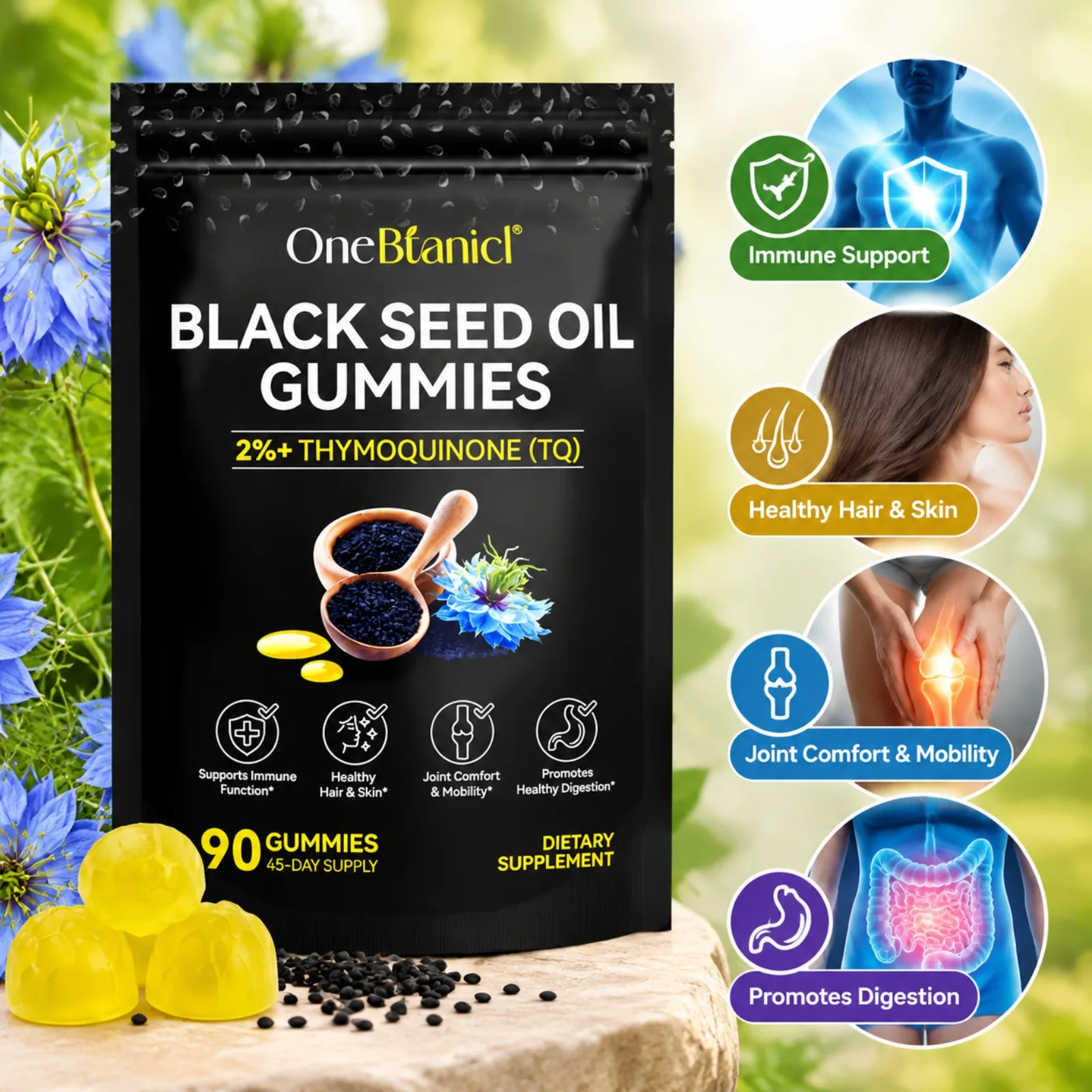 Black Seed Oil Gummies for Immune Hair Skin Joint Digestion Support, 500mg Nigella Sativa with Thymoquinone, Vegan, 90 Gummies