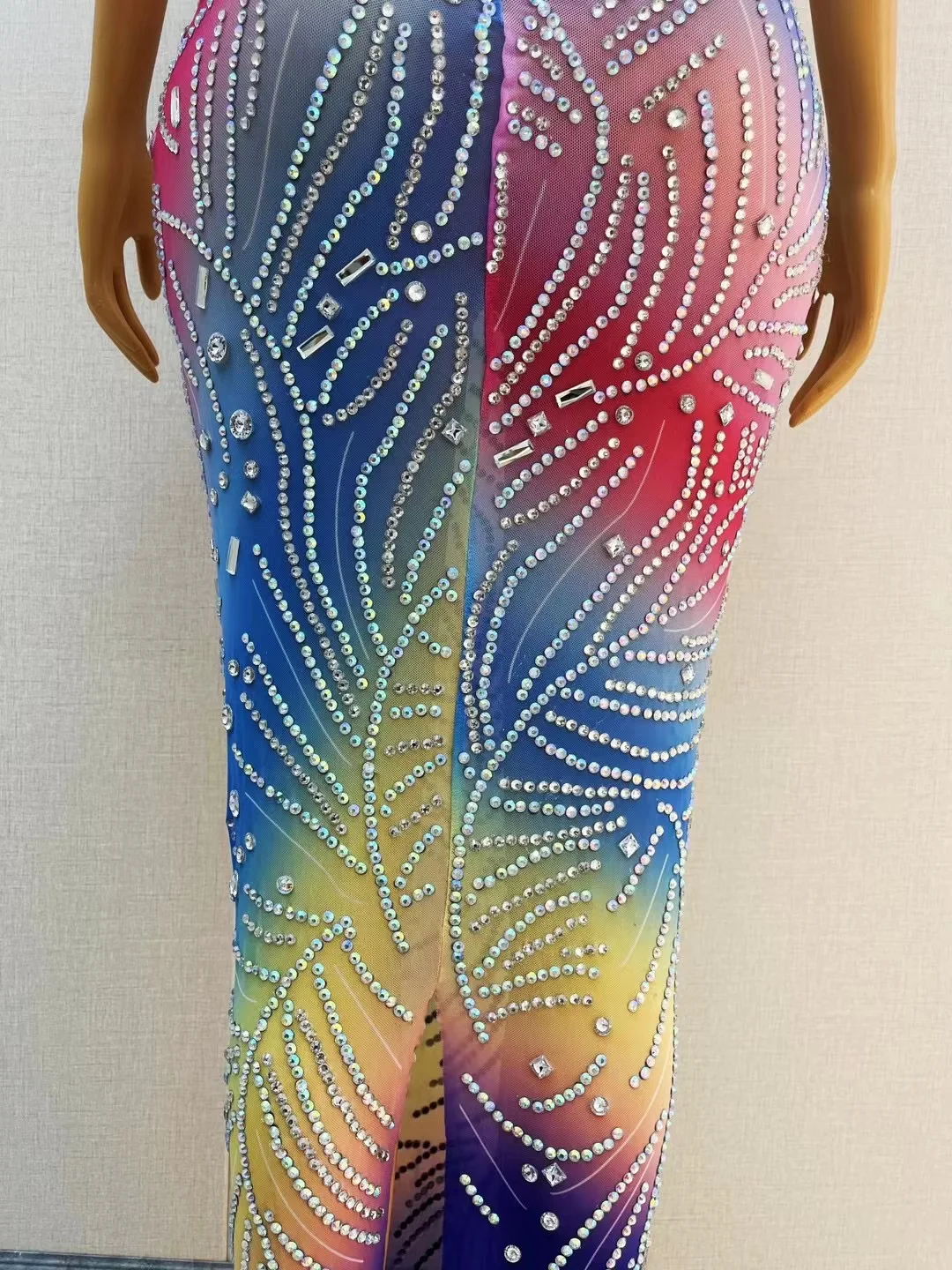 Rhinestones Transparent Colorful Sleeveless Dress Birthday Celebrate Dresses Evening Dance Team Performance Costume yinsi