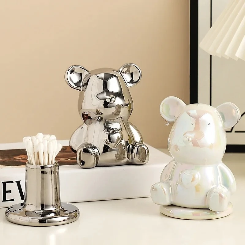 Bear Ceramic Toothpick Holder High-End Light Luxury Creative Storage for Toothpicks Dental Floss Cotton Swabs Home Use