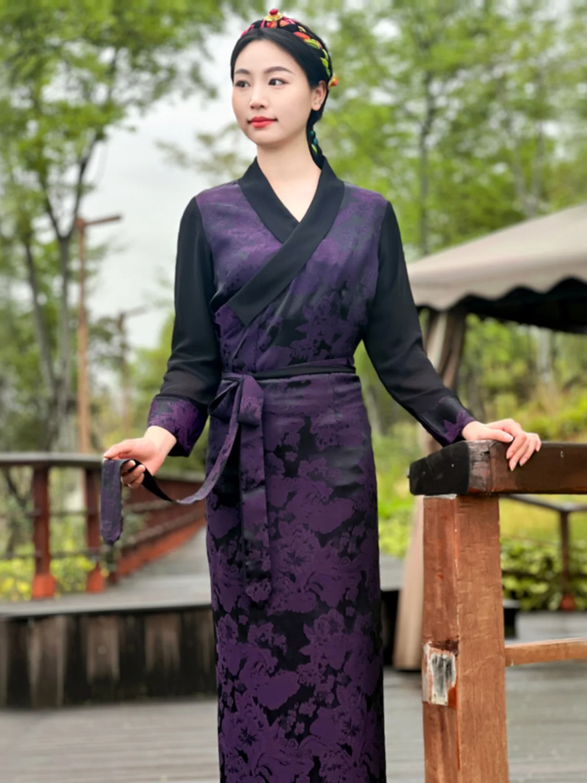 Chinese Style Tibetan Costumes Female Kangba Robe Color Matching Clothing Guozhuo Skirt Lace Ethnic