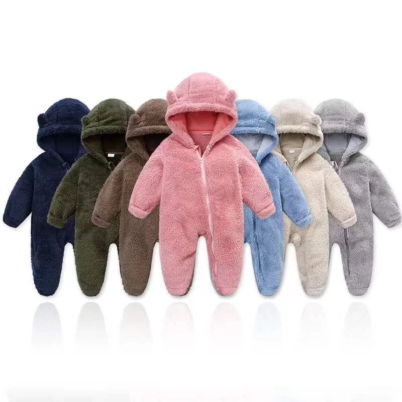 2026 Herbst Verdickter Fleece-Strampler für Neugeborene, Einfarbiger Baumwoll-Kapuzenoverall für Babys, Kleinkinder-Strampler für Mädchen und Jungen, Warmes Outfit – Detail 1