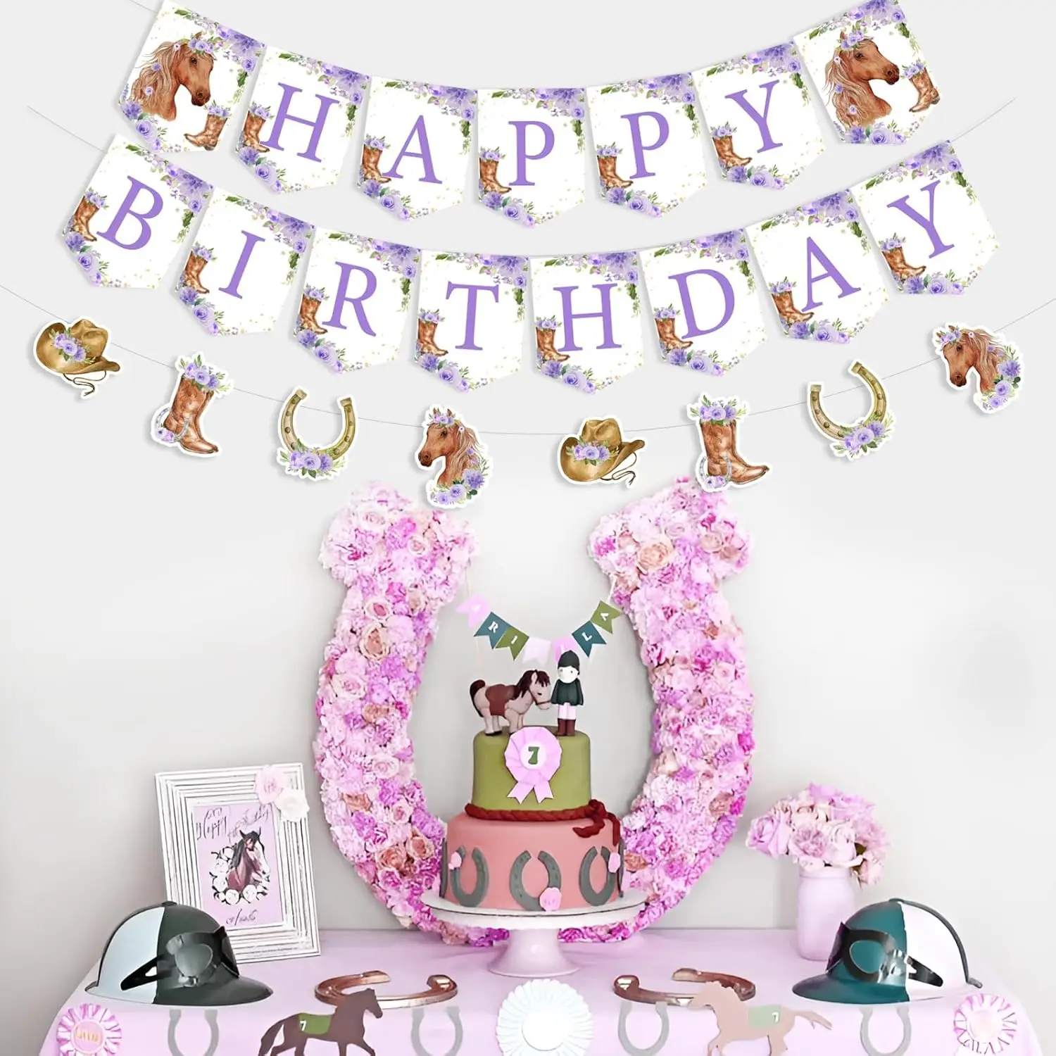 Kreatwow Horse Happy Birthday Banner Purple Horse Party Decorations Garland Western Cowgirl Wild Hat Girl Birthday Supplies