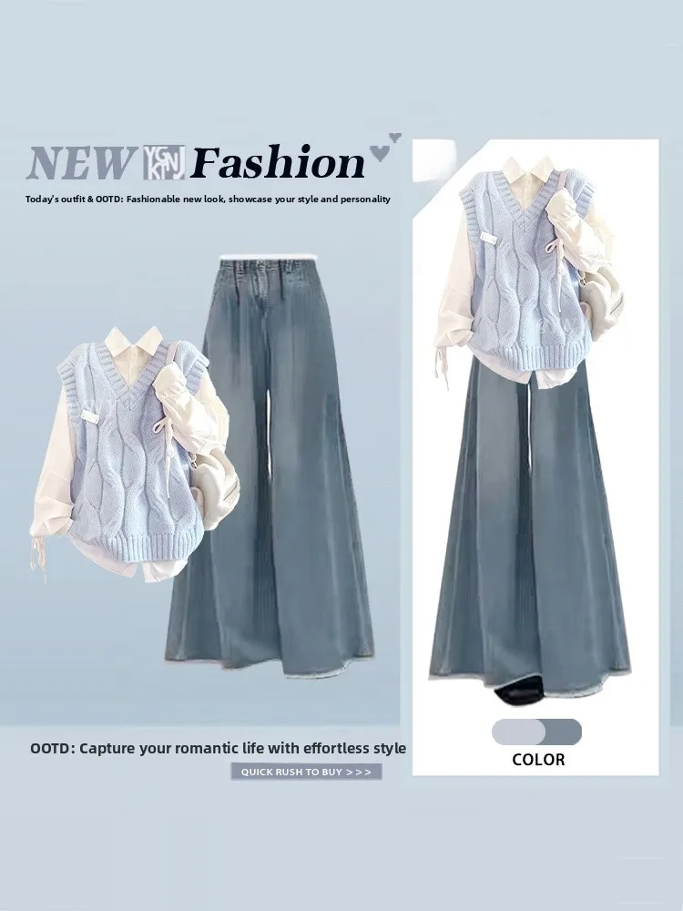 Korean mat Winter Blue Knitted Tank Top irt Slim Wide Leg Jeans Set Women's Faion Casual High Waist V-Ne Long Sl...