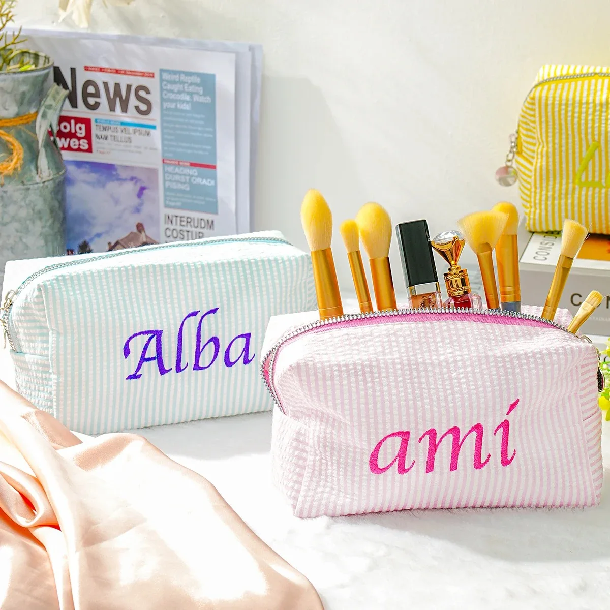 Embroidered Name Striped Travel Toiletry Bag Personalized Custom Cosmetic Portable Polyester Storage for Travel School Dorm Home