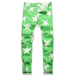 Men Stars Print Jeans Y2K Fancy Color Stretch Cotton Denim Pants Fashion Slim Straight Trousers