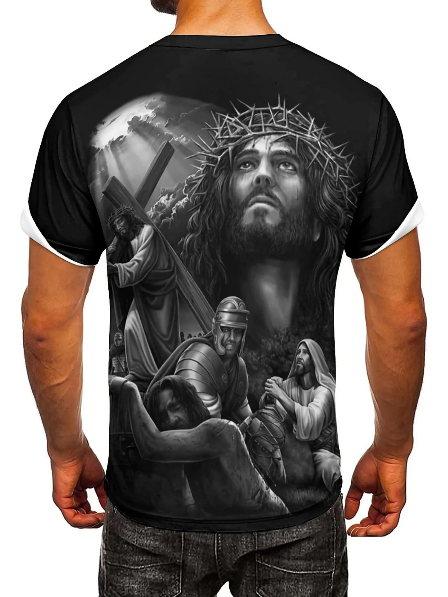 تي شيرت رجالي بأكمام قصيرة مطبوع عليه Jesus 3D مقاس كبير - تي شيرت مريح برقبة دائرية من البوليستر الناعم مع تصميم متقاطع وشخصيات
