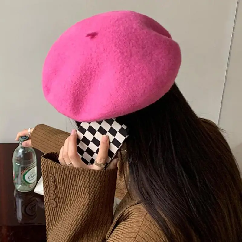 Wool Beret Hat For Women Autumn Winter Retro British Candy Colored Solid Soft Berets Flat Vintage Painter Cap Casual Keep Warm