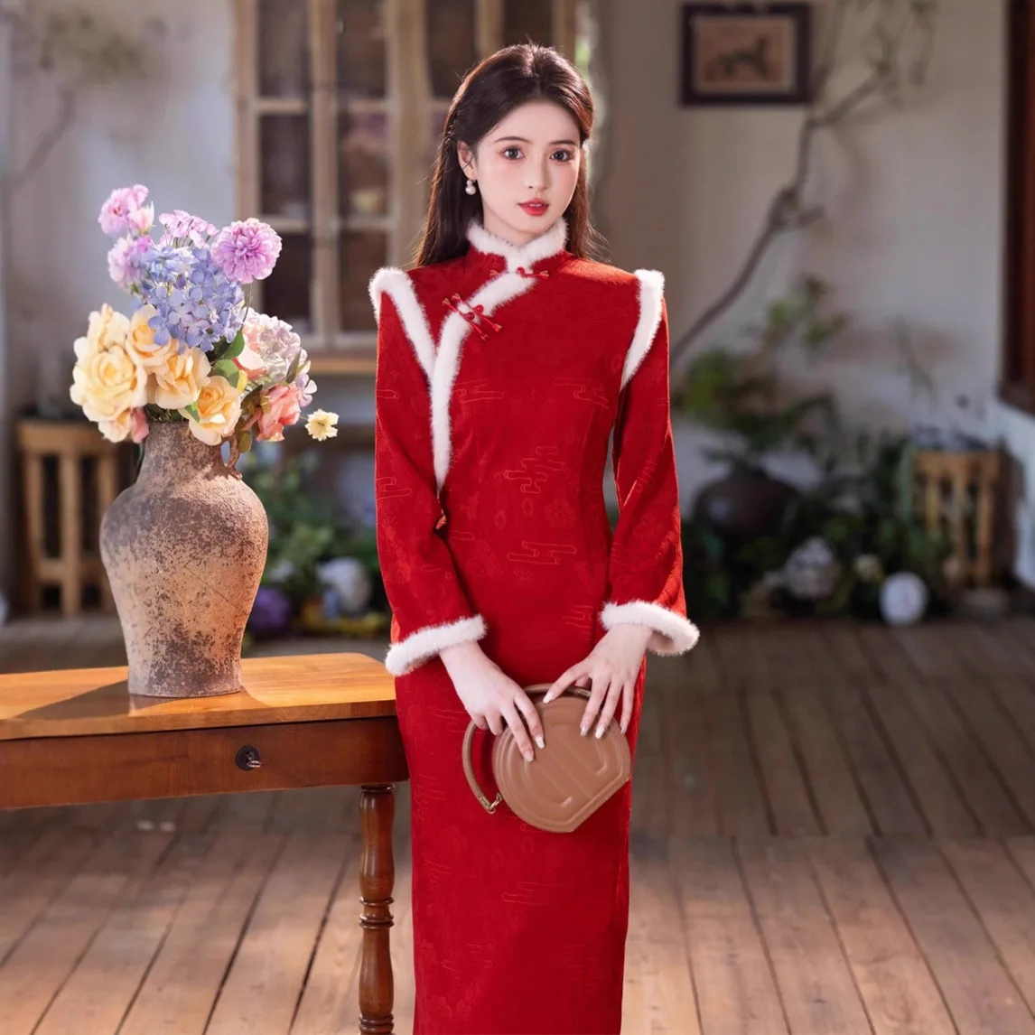 

Yourqipao зимнее жаккардовое бархатное утолщенное длинное платье Ципао из синели для невесты, красное платье Cheongsam в китайском стиле для женщин