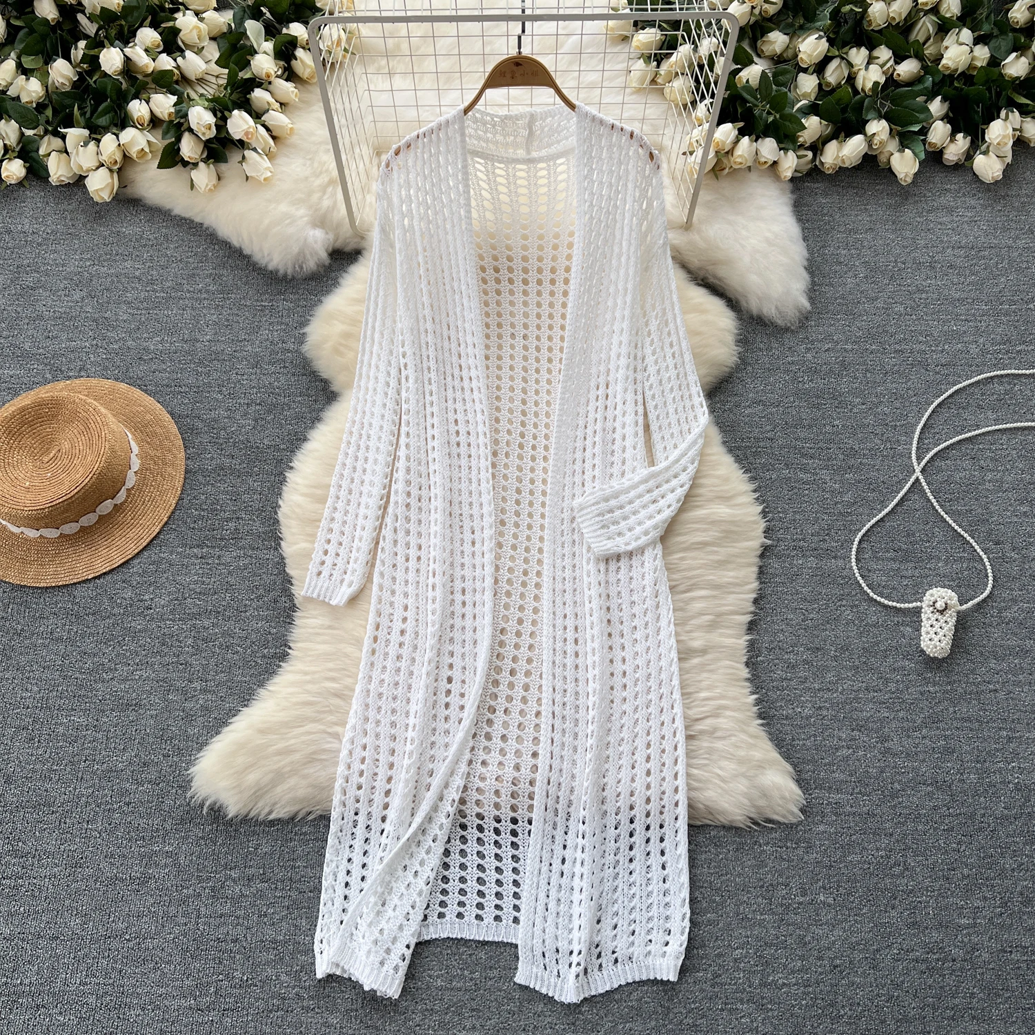 Mid Length Shawl Jacket Hollowed Out Knitted Cardigan Loose Cover Up For Summer Sunscreen Hook Flower Vintage Layered Jacket