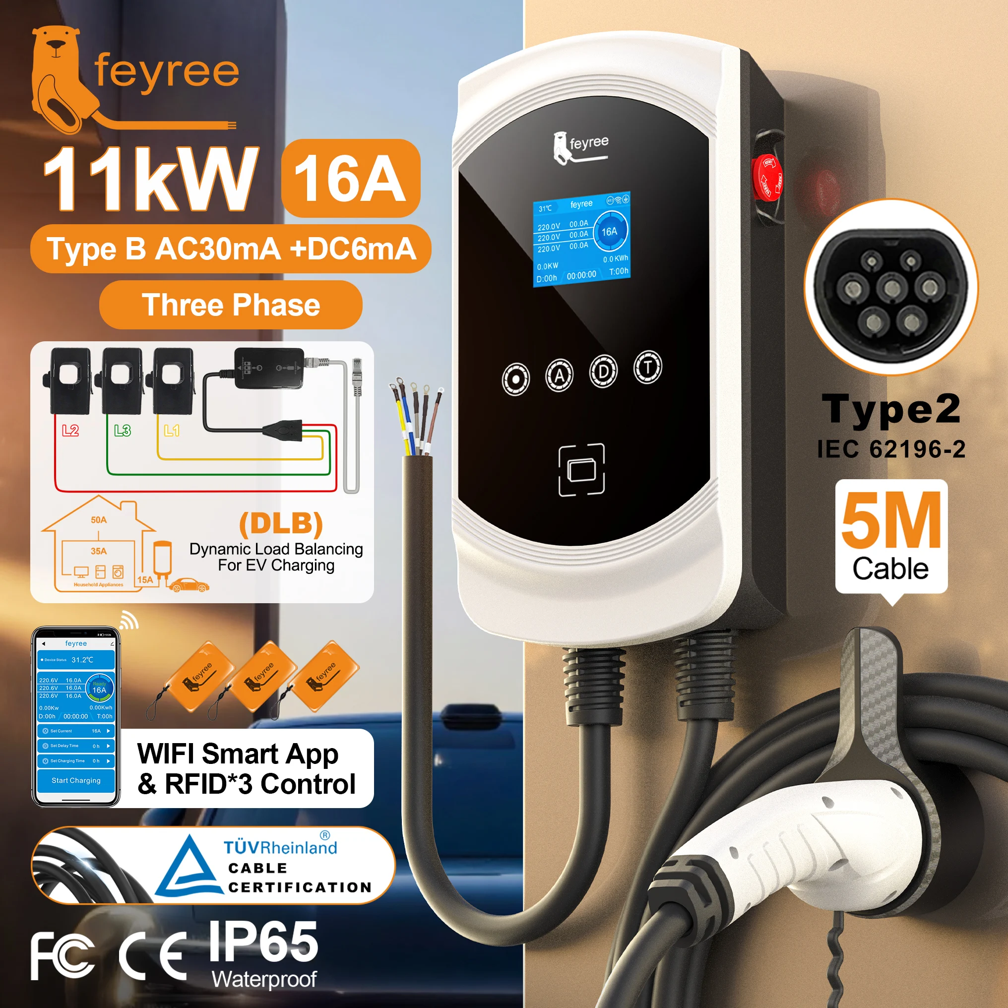 Feyree EV Charger Type2 32A 7.6kW 1P Dynamic Load Balancing Model 11kW 22kW 3P EVSE Wallbox Smart WIFI APP Function for EV Cars