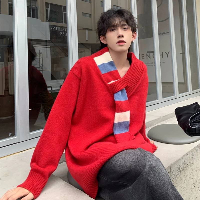 Winter Red Scarf Sweater Men Warm Fashion Casual Knitted Pullover Men Korean Loose Long Sleeved Sweater Mens Jumper Clothes