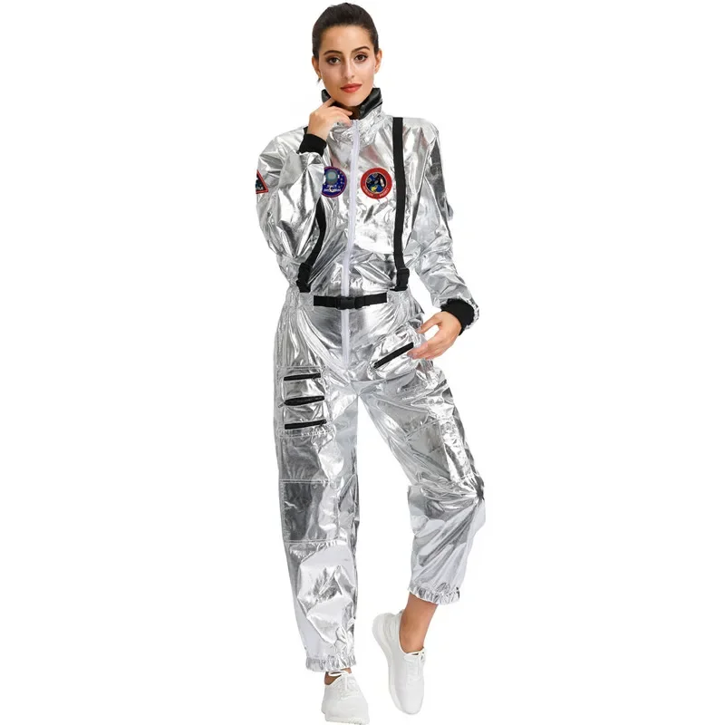 Astronauta Cosplay Macacão para Casais e Crianças, Unisex Halloween Uniforme, Festa de Carnaval, Roupa Fantasia, Traje Espacial Prata, Plus Size