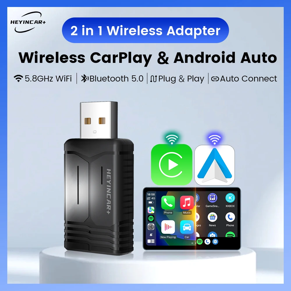 

HEYINCAR Mini 2in1 Wireless Carplay Andriod Auto Adapter 5.8GHz WIFI Bluetooth 5.0 Smart Connectivity For Car Wired CarPlay
