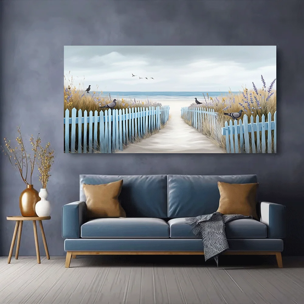 1pc frameless Canvas Painting 1PC-Canvas poster Unframed  Beach Pathway Picket Fence Ocean View Doves Wildflowers Coastal Scene