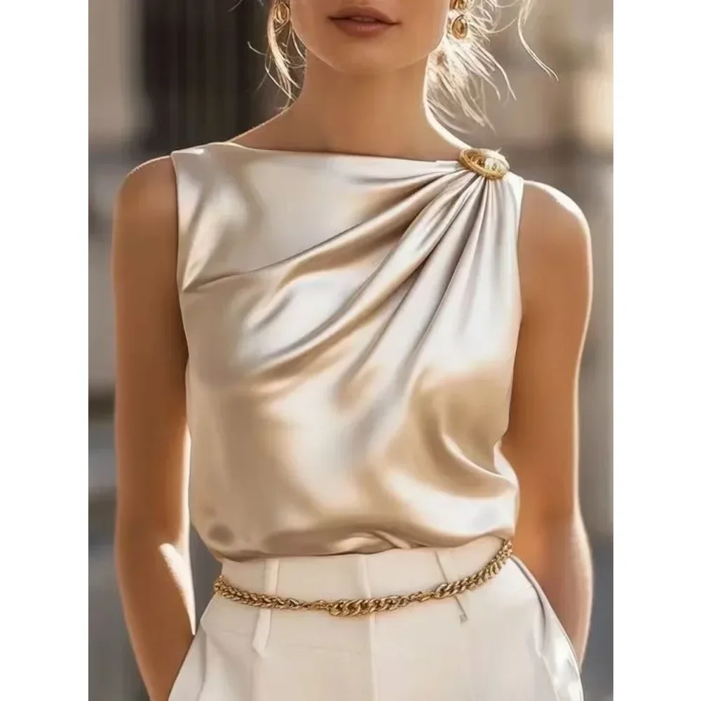 Women Elegant Sleeveless Shirt Slim Fit High-End Sophisticated Breathable Soft Flattering Daily Office Wear Comfy Spring Summer
