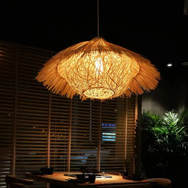 

LED Natural Rattan real Bamboo lustre Handmade Chandelier Lamp Rustic Retro atmosphere Dining Room home decor pendant droplight