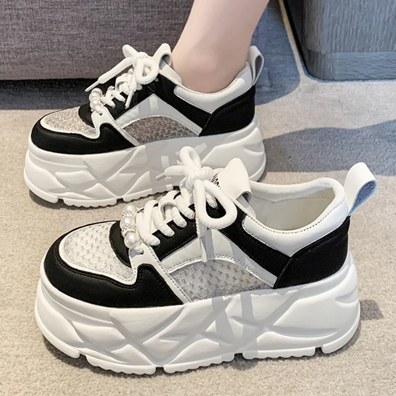 

Summer Women 7CM Platform Sneakers Pearl Decoration Casual Outdoor Lace Up Shoes High Quality Sneakers Breathable Fashion Shoes