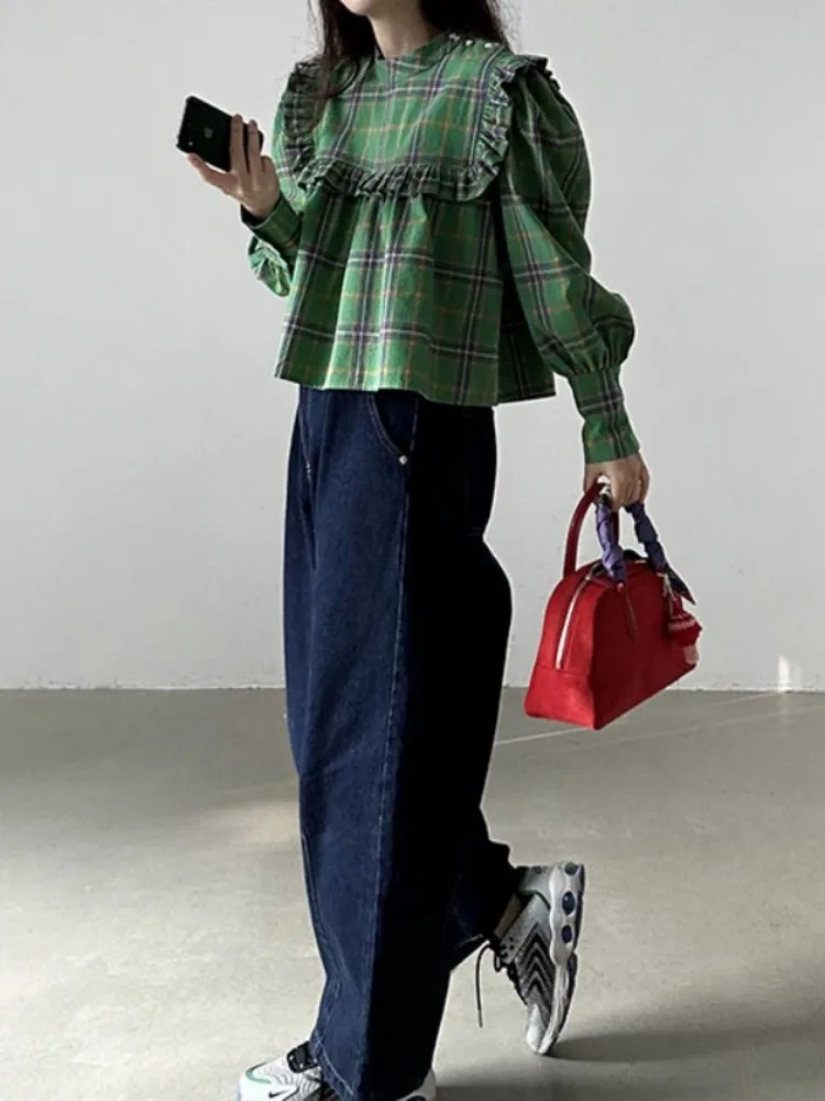 

Retro Chic Spring New Loose Long Sve Plaid Doll irt Blouse with Lace Hemline Ele Faionable Women's Knitwear Top