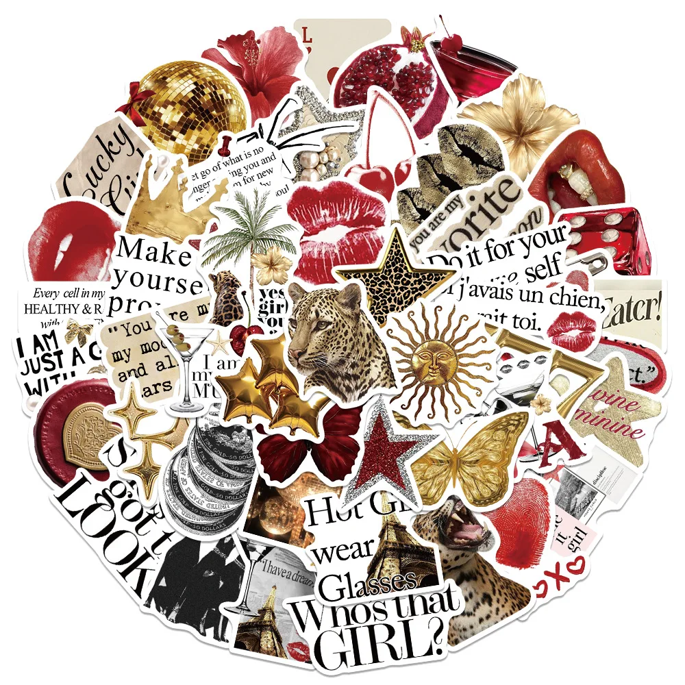 

10/30/50PCS Y2k Stickers Gold&Red Lucky Girls DIY PVC Stickers Scrapbooking Phone Luggage Skateboard Waterproof Coquette Decals