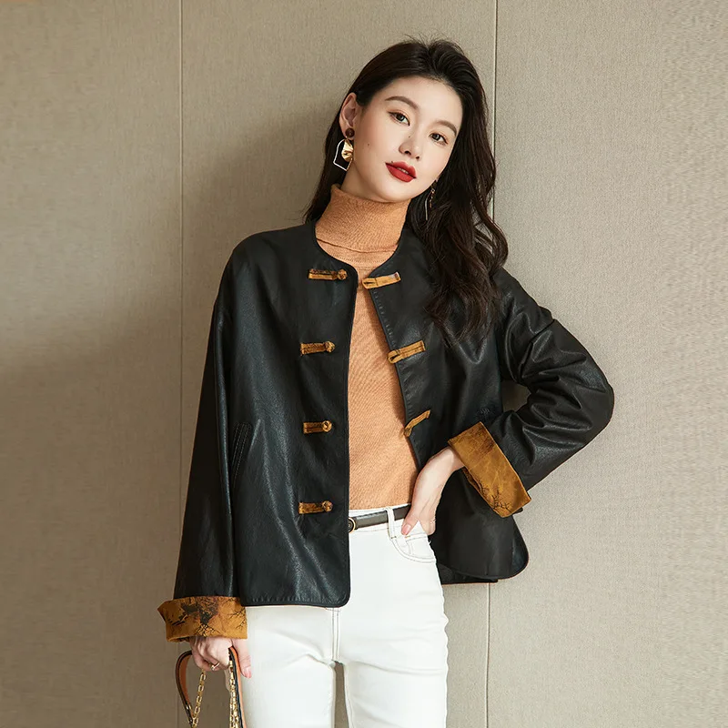 Chinoiserie  autumn Fashion New Leather Garment Women's Short Sheepskin Single Leather Coat,ladies' leather jackets