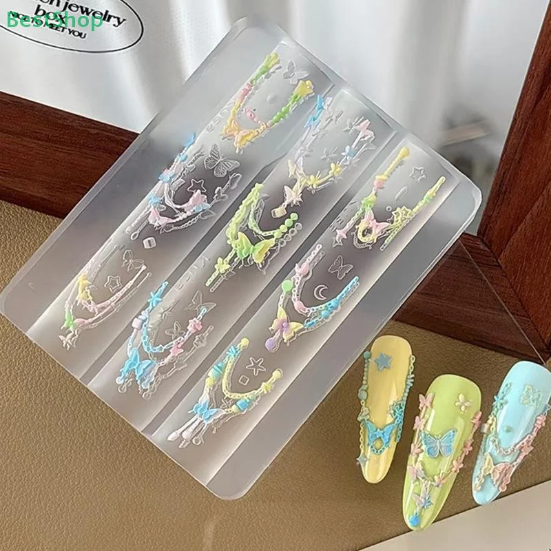 🍄 4 ピース/セット 3D シリコーンネイルアートモールドハート五芒星ちょう結びチェーンビーズレリーフパターンデザイン透明マニキュアテンプレート