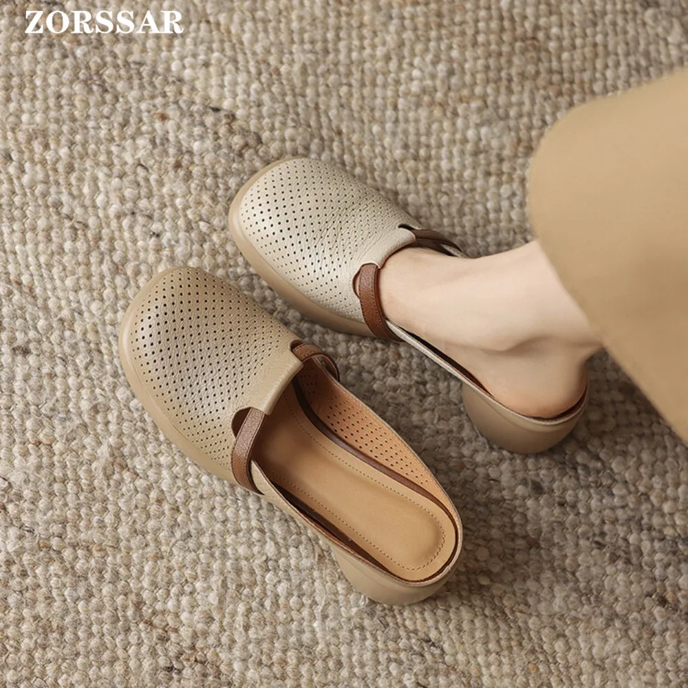 

2025 New Summer Closed Toe Hollow High Heels Roman Sandals Female Slippers 5CM Genuine Leather Fashion Women Mules Sandals