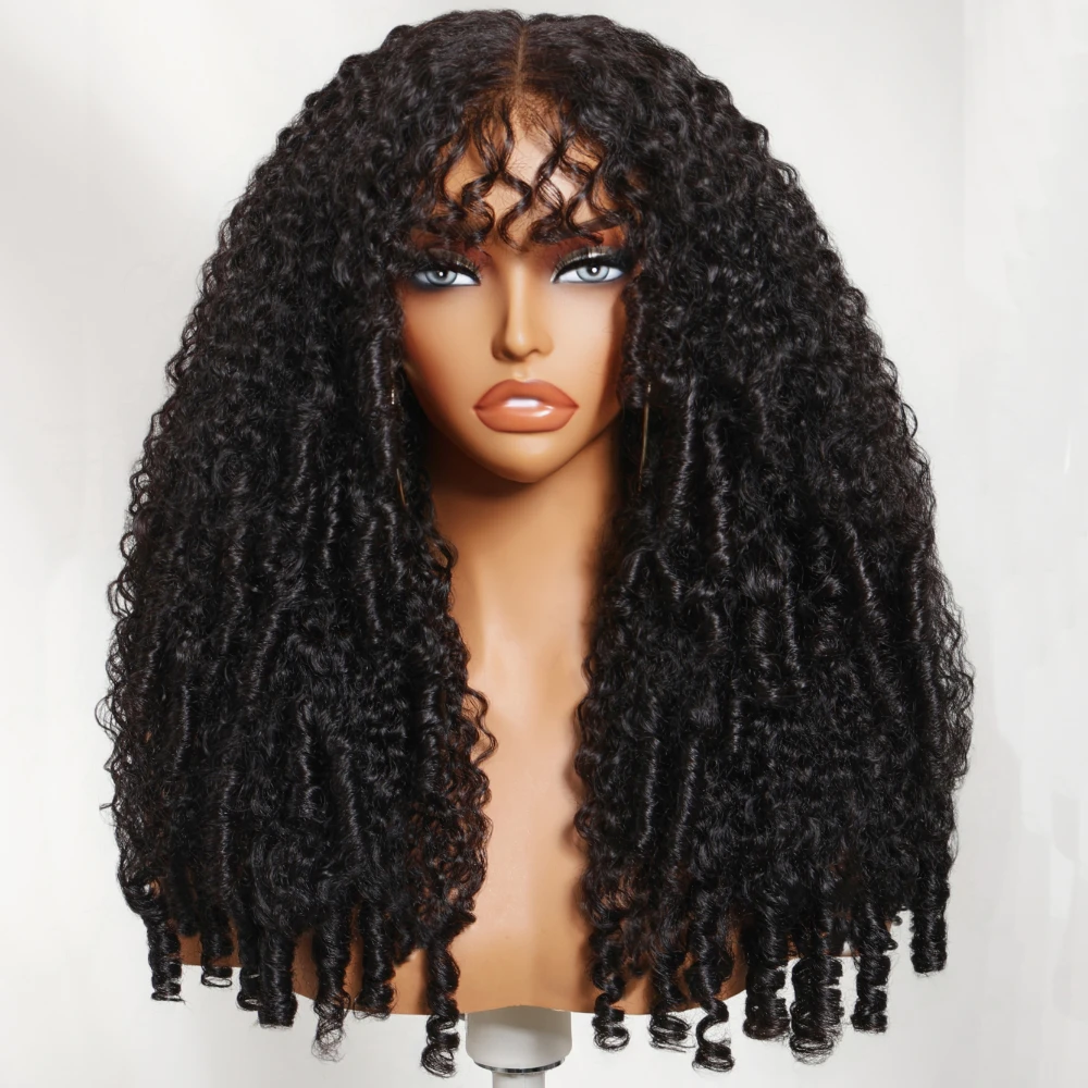 UNice 7x5 Bye Bye Slip™ Lace Burmese Curly Wig With Bangs & Finger Coil Ends Pull & Go Drawstring Glueless Human Hair Wig Ready To Go 150% Density image 2
