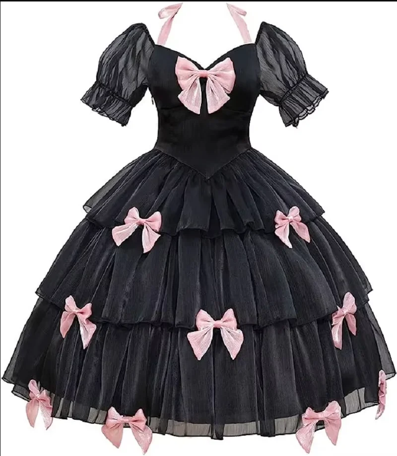 

Adult Giant Baby Sexy Girl Black Thin Satin Bow Tower Layer Organza Sissy Short Sleeve Dress Customized for Servant Role Playing