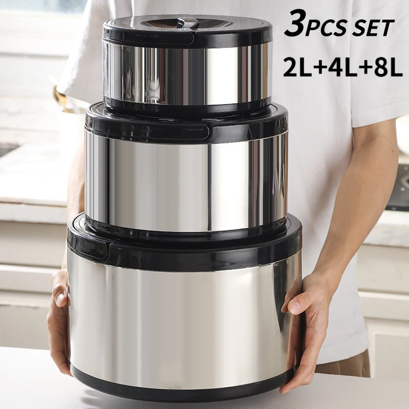 3Pcs Insulated Stainless Steel Food Container Set, 2L+4L+8L Large Capacity Thermal Lunch Box for Home & Commercial Use