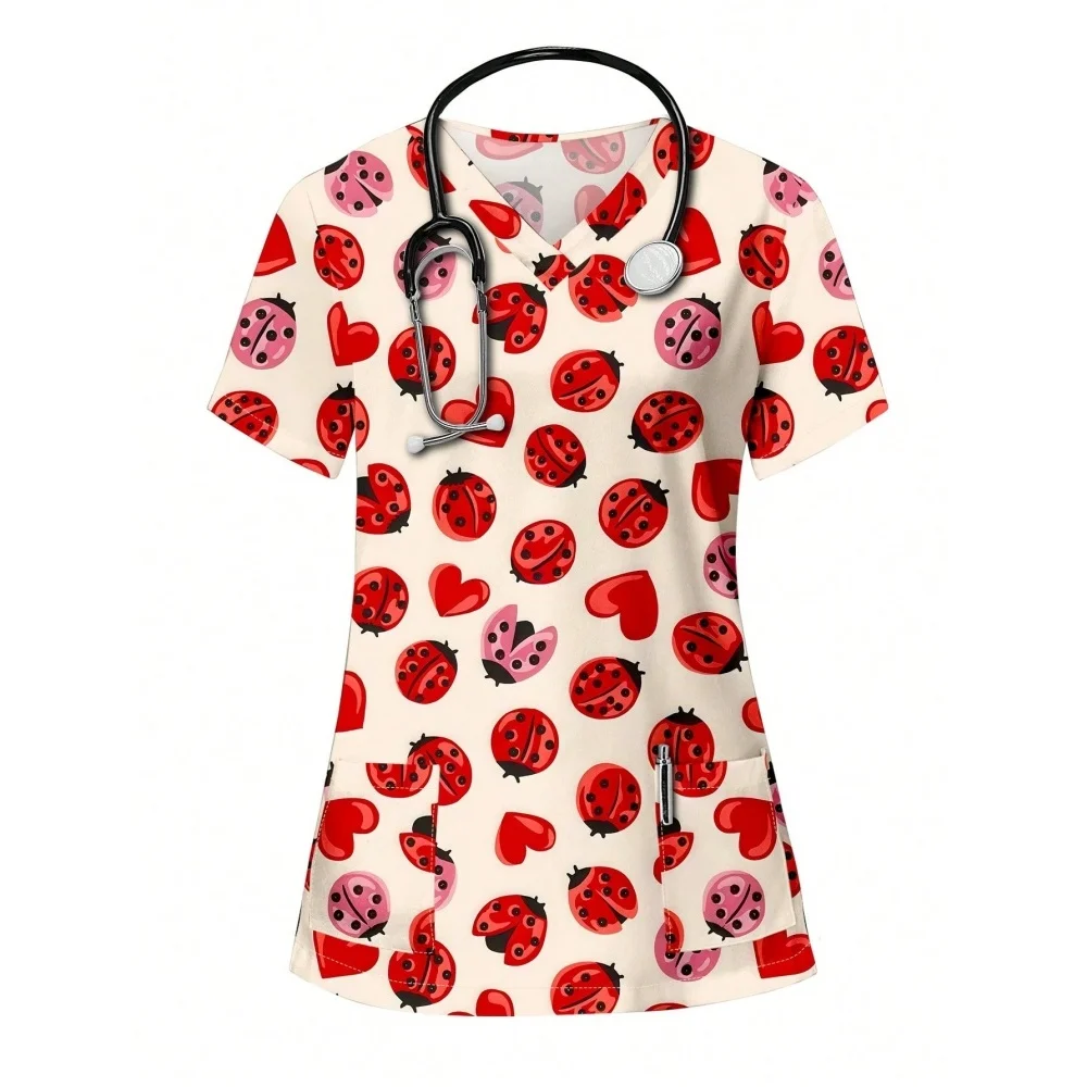 Femmes Imprimer Infirmière Uniforme Lâche D'été À Manches Courtes Col En V Tops Soins Infirmiers Travail Uniforme T-Shirts Clinique Vêtements De Protection
