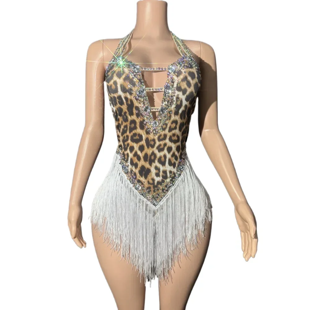 Sparkly Rhinestones Tassel Leopard Print Bodysuit Sexy Backless Performance Dance Costume Singer Dancer Stage Wear Club Outfit