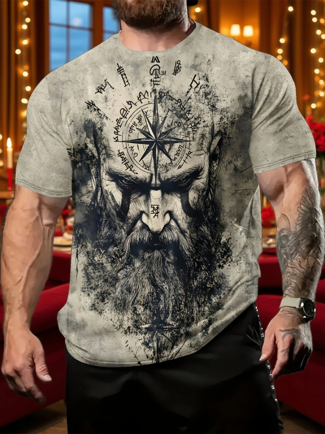 Men's Viking Warrior Rune Compass Full Print T-Shirt Norse Myth Vintage Grunge Crew Neck Tee