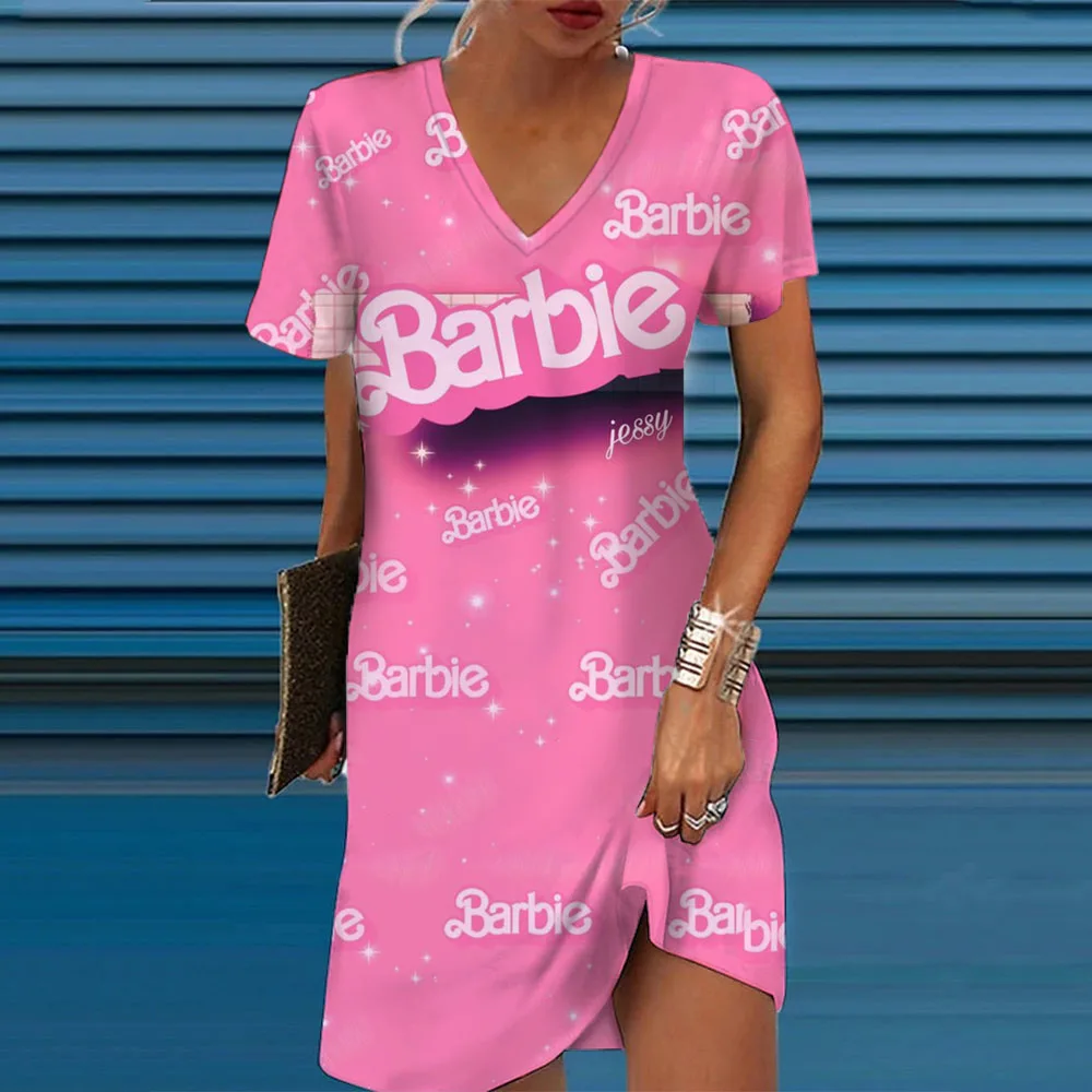 

2024 Summer Fashion loose Elegant Barbie Lip Print short sleeve A-line V-neck dress for women's clothing retro dress Vestidos