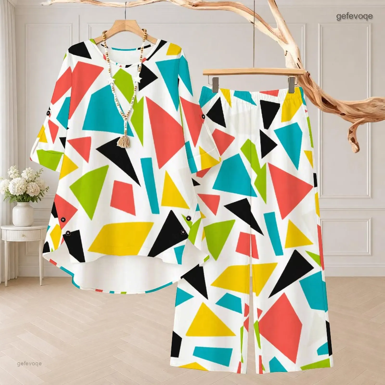 Women Women Multi-color Geometric Triangle Print Round Neck 3/4 Sleeve Top and Long Pants Two Piece Set - Aliexpress Deal