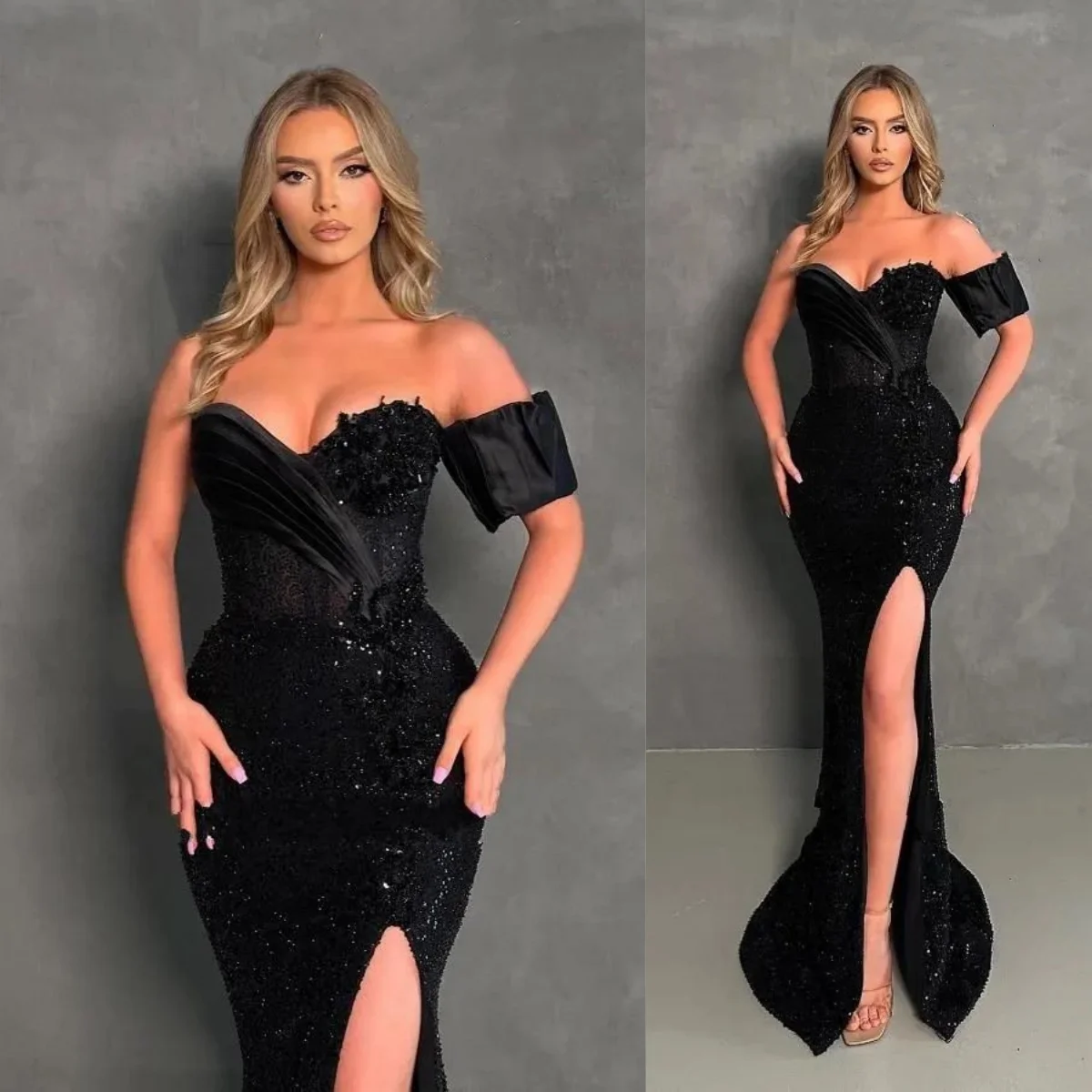 Elegant Black Long Mermaid Prom Dresses Sexy High Front Slit Sweetheart Sequined Formal Evening Gowns Women Robe de soriee