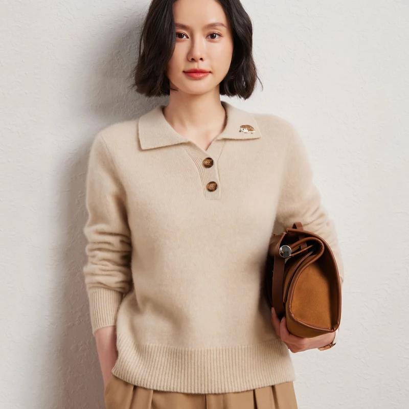 

Women's Polo Collar Thickening Pullover 30% Cashmere and 70% Wool Sweater Autumn Winter Cashmere Bottoming Clothing Soft Tops