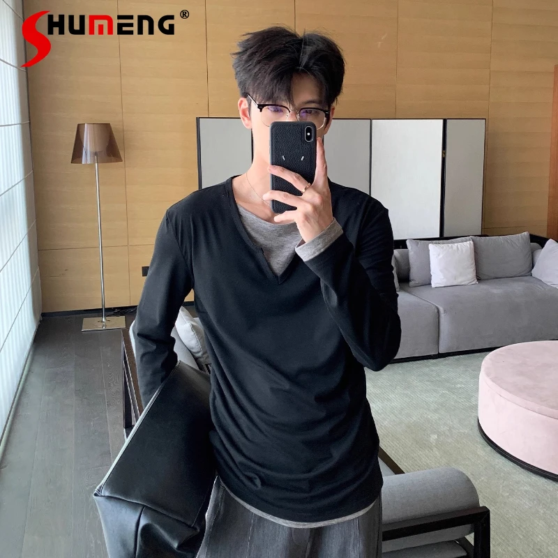 

Men's 2025 Early Autumn New Faux Two-Piece Tops Men's Fashion Long Sleeve Round Neck Chic T-Shirts Loose Comfort Breathable Tees