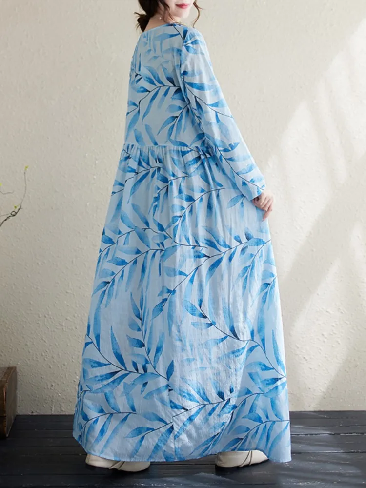 Übergroße Herbst Baumwolle Leinen langes Kleid Blume Mode Rüschen plissierte Damen kleider lose lässig Langarm Frau Kleid