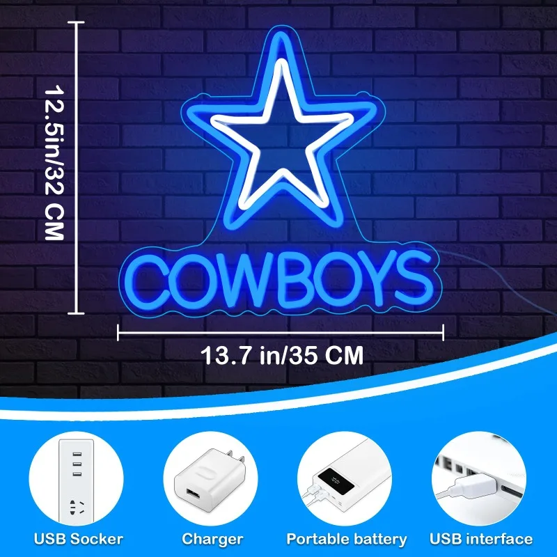 Cowboy Neon Sign - Dimmer 12.6 X 10.23 Inch USB Powered Dallas LED Party Bar Candy Shop Art Decoration Game Room (Ice Blue)